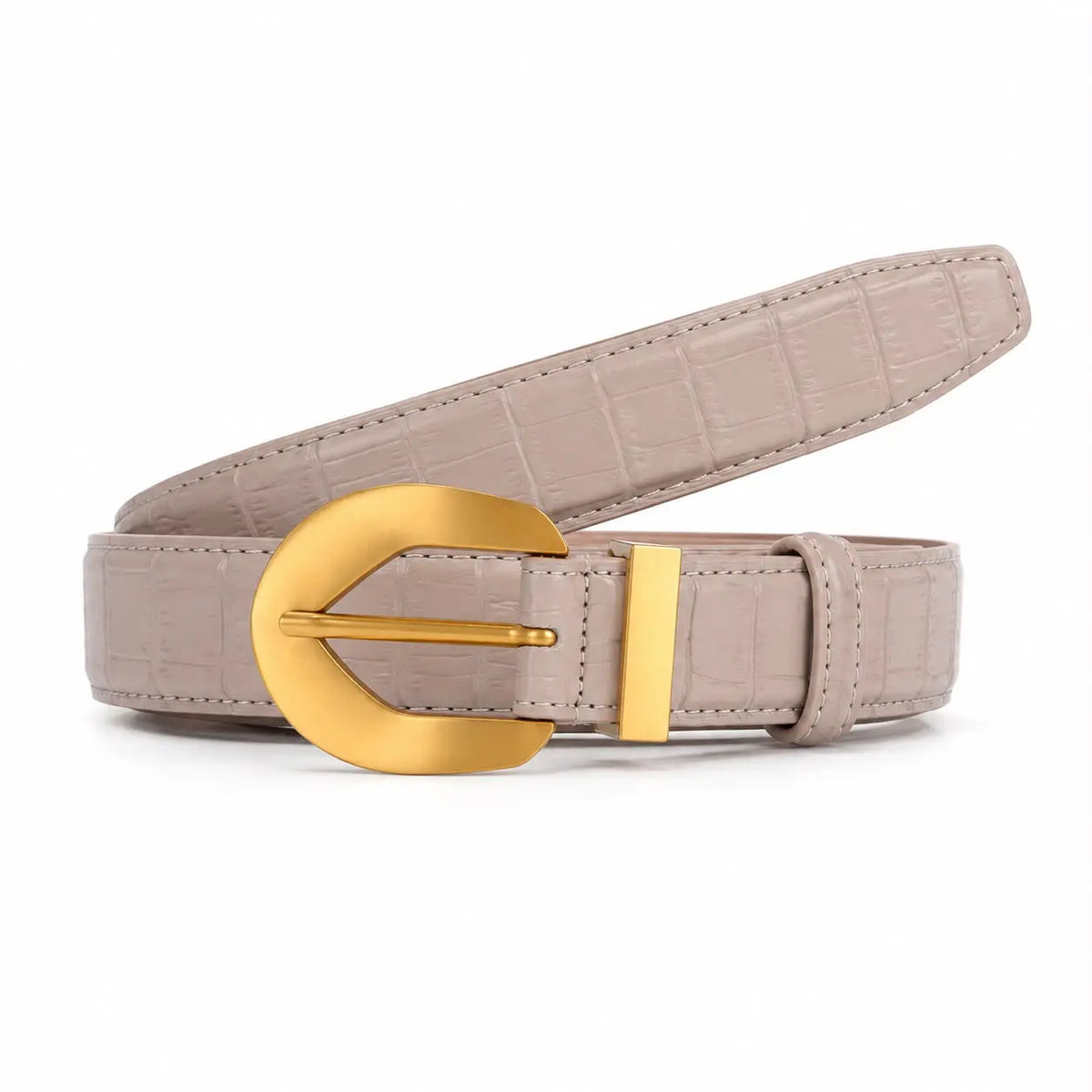 A light taupe faux-crocodile leather belt with a polished gold buckle, shown coiled on a white background.