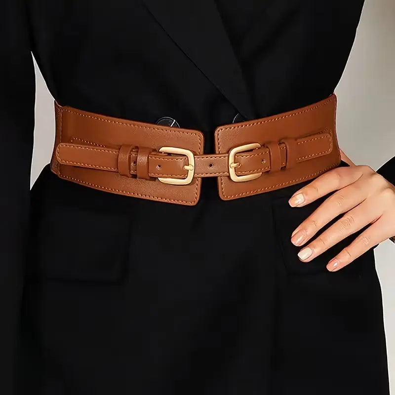 Tan leather belt with gold buckles worn by a women on a black dress