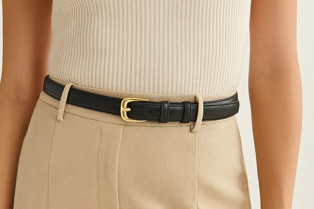 Women wearing a beige ribbed top and beige pants with a black belt.