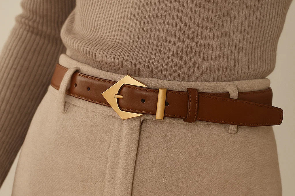 Person wearing a beige ribbed sweater and beige pants with a brown belt and gold buckle.